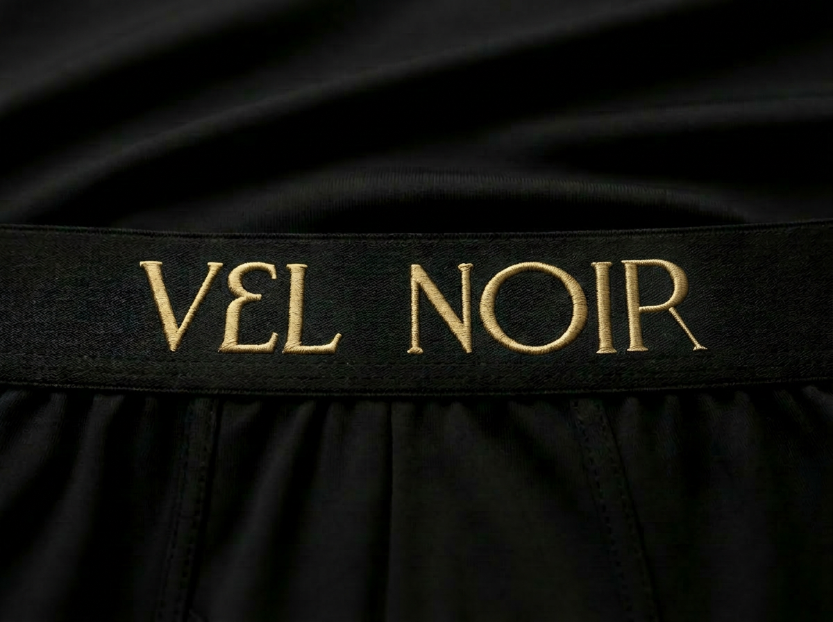 Vel Noir jacquard waistband with tonal gold wordmark on black micromodal fabric